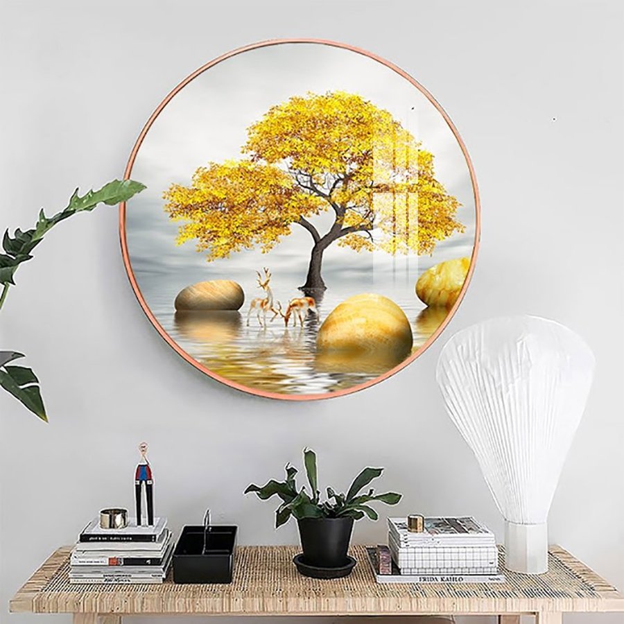 Tranh Tròn Tráng Gương Đôi Hươu Vàng Nghệ Thuật 2