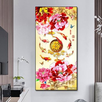 Tranh cá chép hoa mẫu đơn và chữ phúc đỏ