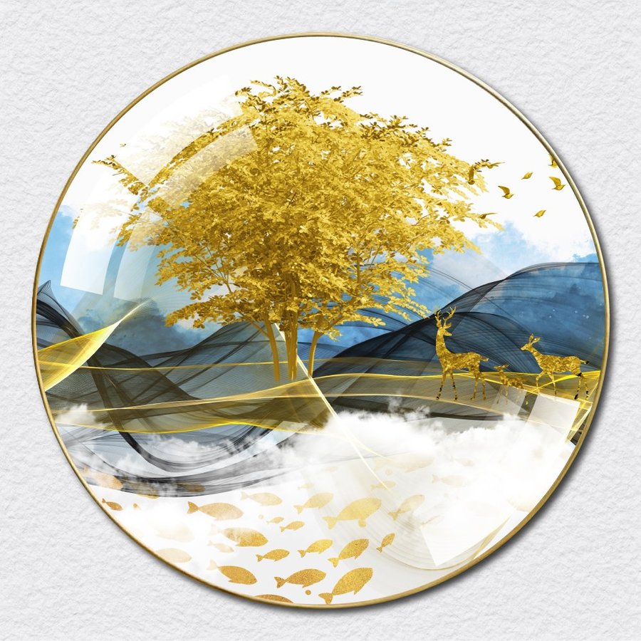 Tranh Tròn Tráng Gương Đôi Hươu Và Cây Vàng Tài Lộc