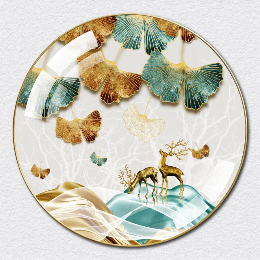 Tranh Tròn Tráng Gương Đôi Hươu Vàng Nghệ Thuật 14