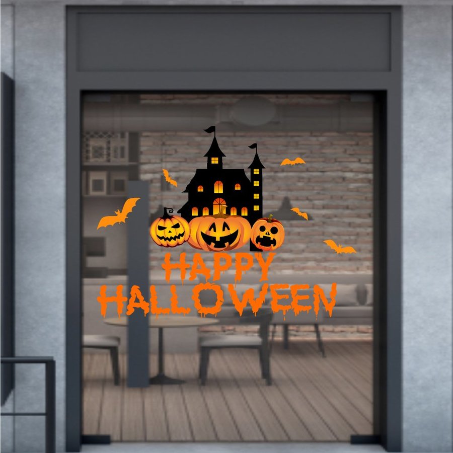 Decal trang trí halloween lâu đài và bí ngô