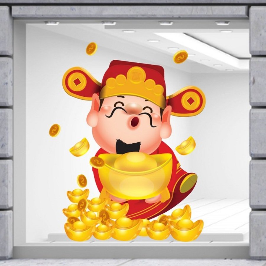 Decal trang trí tết thần tài tặng vàng ngày tết
