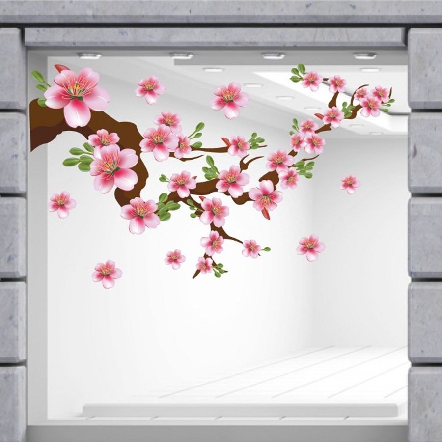 Decal trang trí tết cành đào hồng khoe sắc chào năm mới