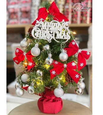 Cây thông noel mini gắn trái thông kèm phụ kiện màu trắng