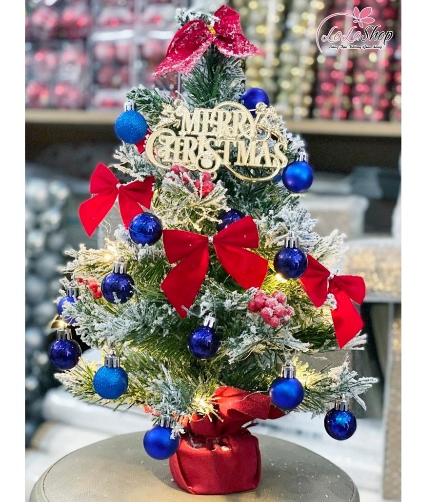 Cây thông noel mini phủ tuyết kèm phụ kiện màu xanh