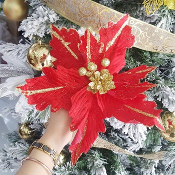 Hoa trang nguyên nhung đỏ kim tuyến trang trí noel