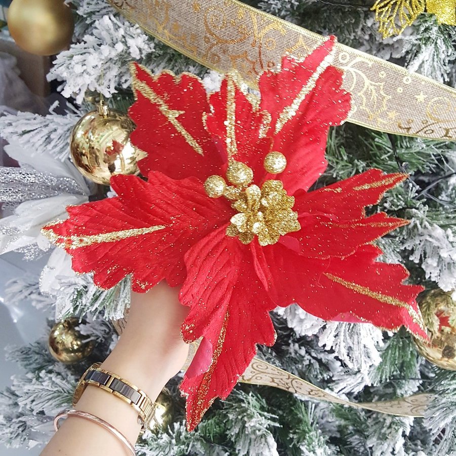 Hoa trang nguyên nhung đỏ kim tuyến trang trí noel
