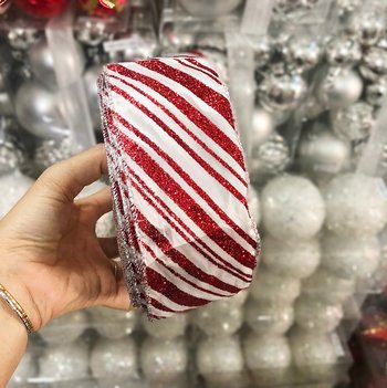 Cuộn ruy băng sọc kim tuyến đỏ trang trí noel