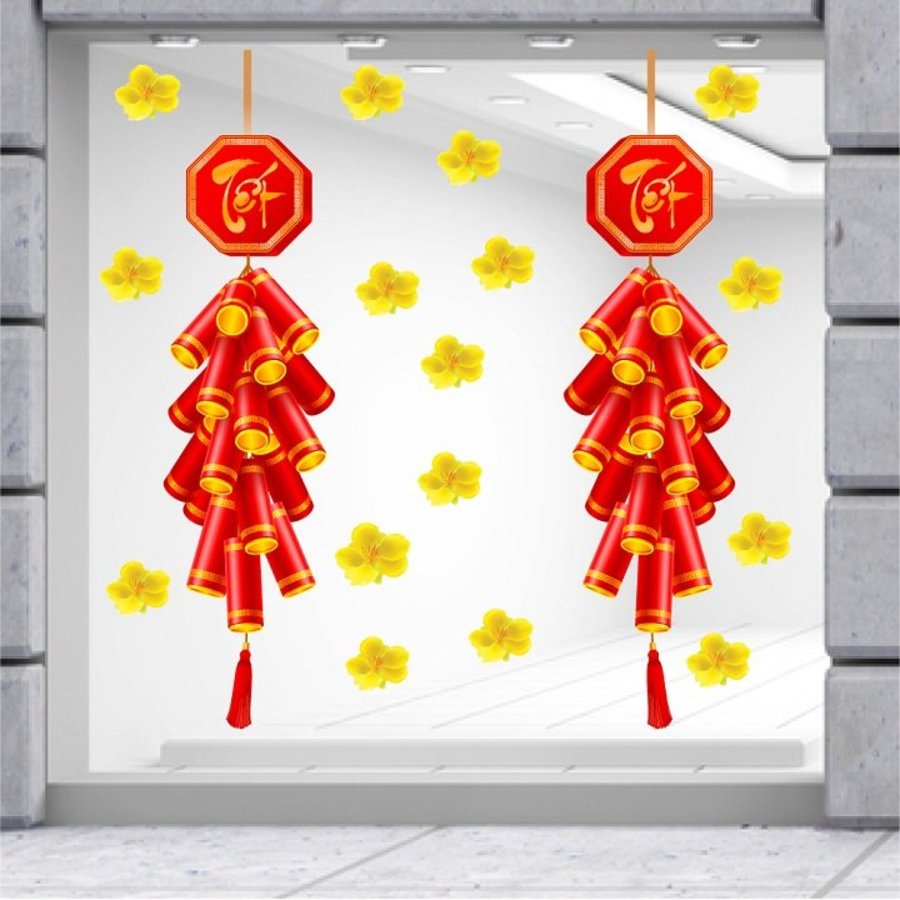 Decal trang trí tết đôi pháo đỏ may mắn