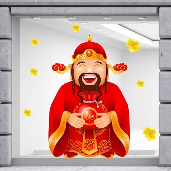 Decal trang trí tết thần tài tặng túi vàng tài lộc