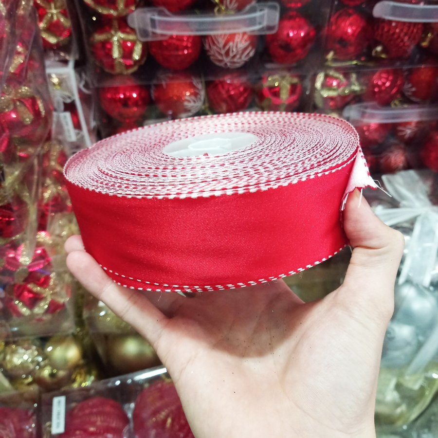 Combo 10m ruy băng đỏ sọc biên trắng