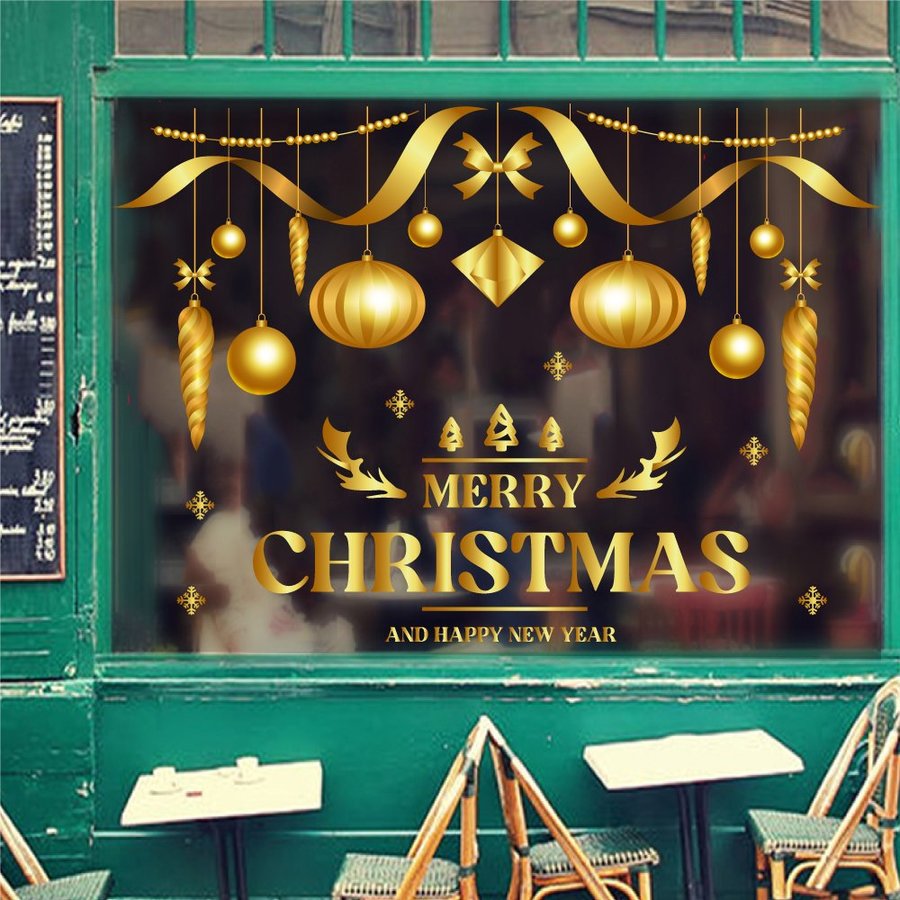 Decal trang trí noel merry christmas và đồ trang trí vàng