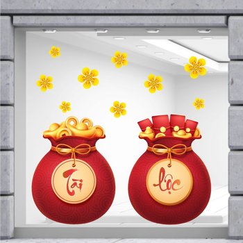 Decal trang trí tết túi tiền đỏ tài lộc