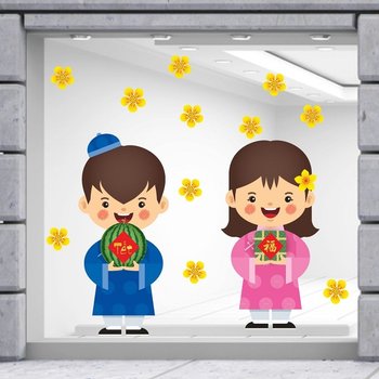 Decal trang trí tết đôi bé chúc xuân mẫu 3