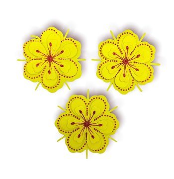Set 3 bông mai 7cm xốp dẻo vàng nhụy đỏ dán cửa kính trang trí tết