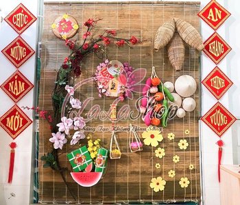 Tiểu cảnh mành tre trang trí Tết