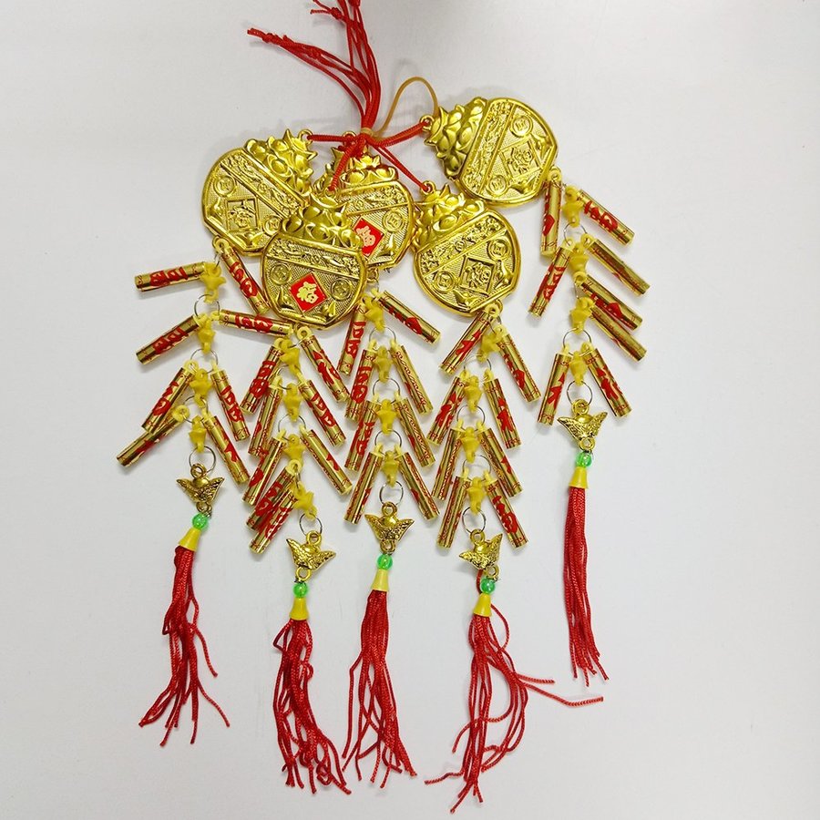 Bộ 5 dây pháo vàng và hũ tiền vàng trang trí tết (2)