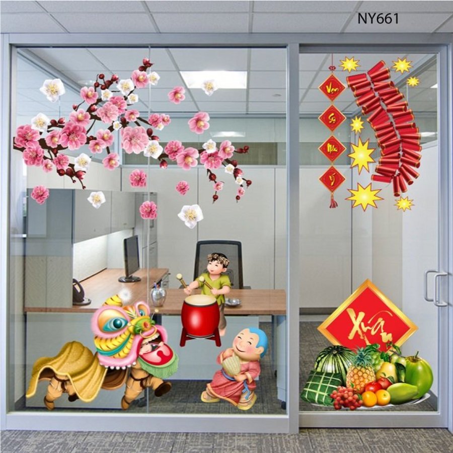 Combo decal trang trí tết múa lân như ý