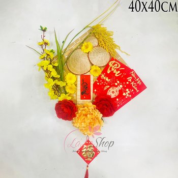 Mẹt lộc và chữ phúc vàng trang trí tết