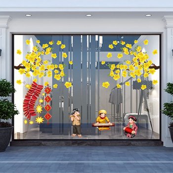 Combo decal trang trí tết bé ca hát dưới cành mai (HN)