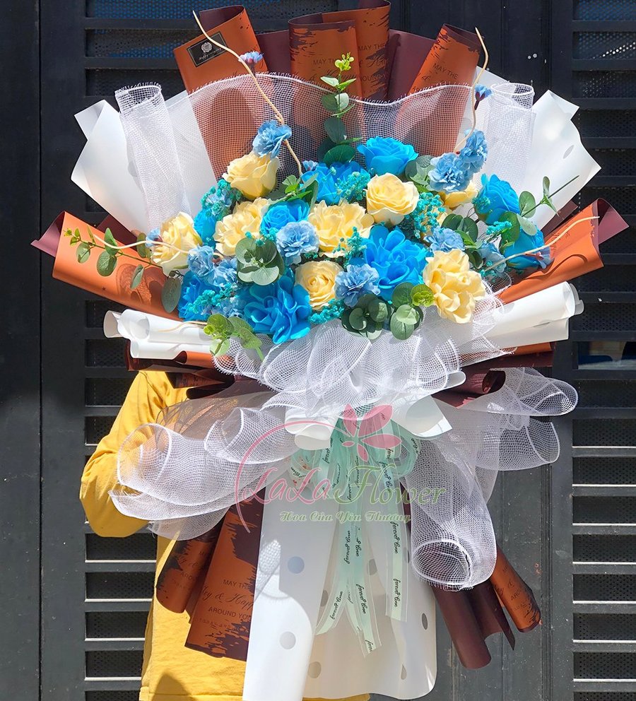 Bó hoa hồng sáp thơm nhị sắc xanh vàng cao cấp