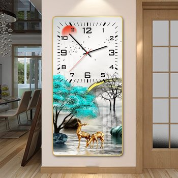 Tranh đồng hồ treo tường tráng gương nai vàng và rừng xanh
