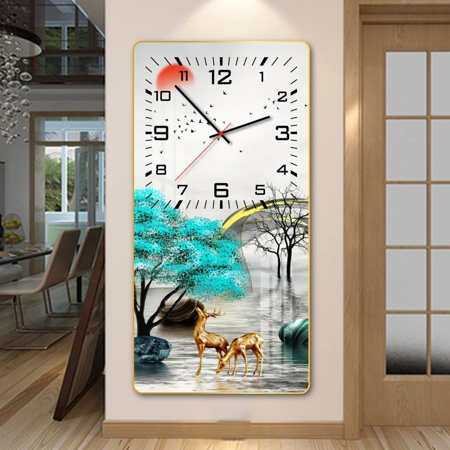 Tranh đồng hồ treo tường tráng gương nai vàng và rừng xanh