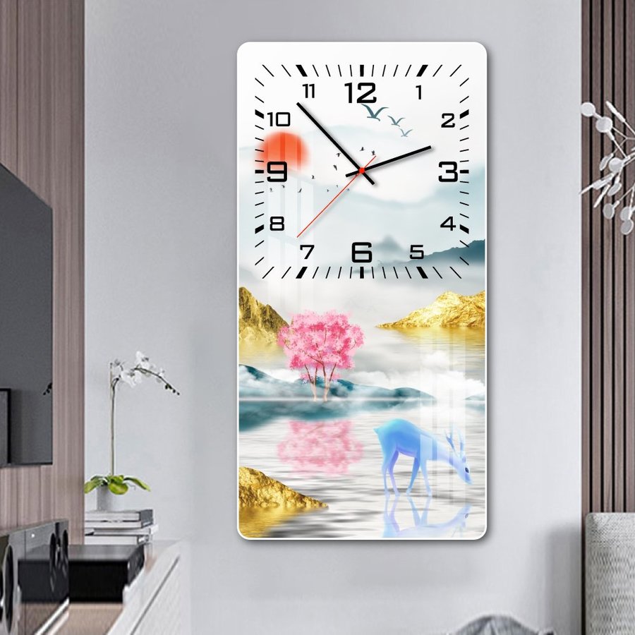 Tranh đồng hồ treo tường tráng gương nai xanh và rừng vàng