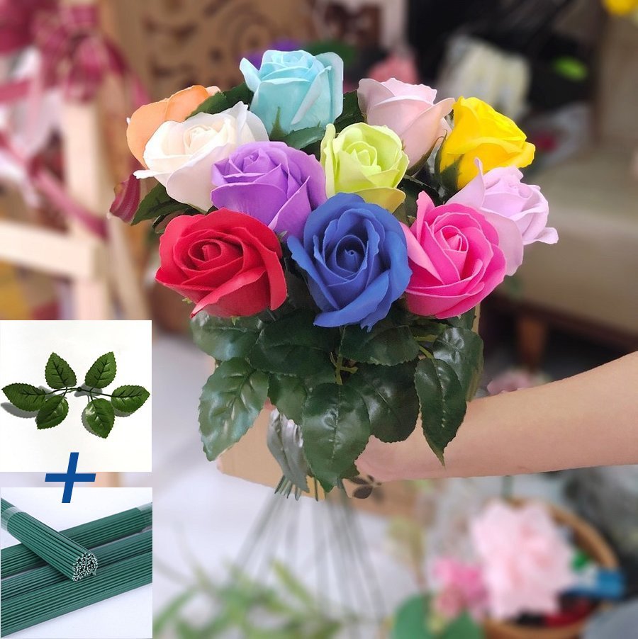 Combo Cành hoa hồng sáp thơm kèm lá và kẽm cắm