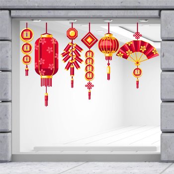 Decal Trang Trí Tết Quý Mão Lồng Đèn Đỏ Và Quạt Như Ý