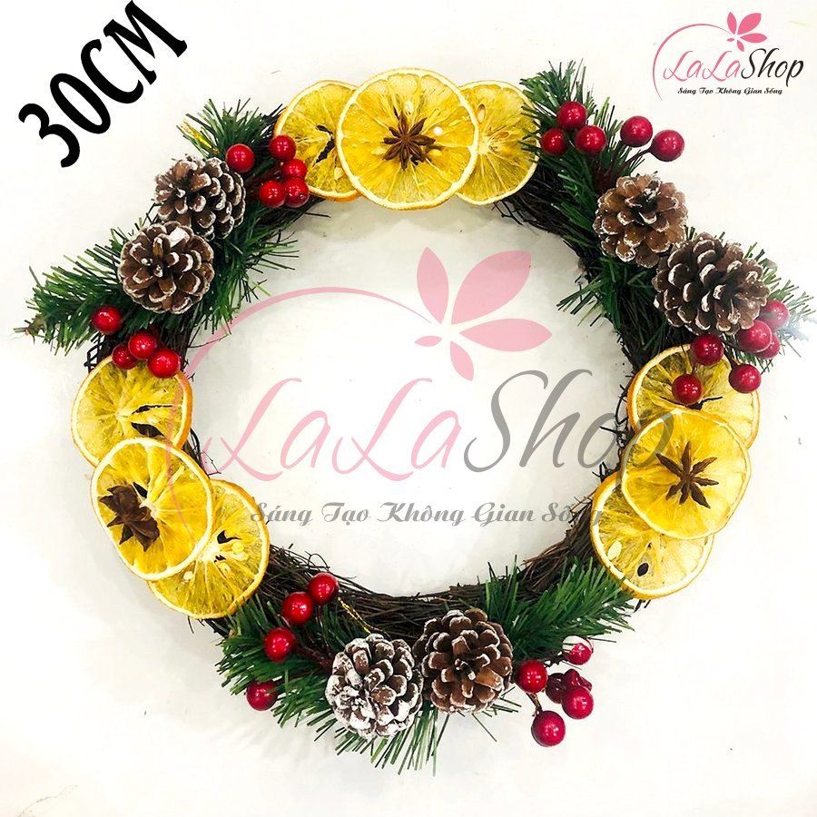 Vòng nguyệt quế phong cách châu âu xanh điểm đỏ Tặng kèm đèn LED trang trí noel