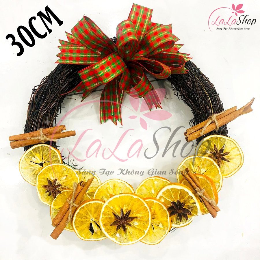 Vòng nguyệt quế phong cách châu âu quế và chanh trang trí noel Tặng kèm đèn LED