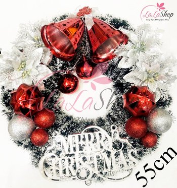 Vòng nguyệt quế trang trí noel phủ tuyết chuông đỏ