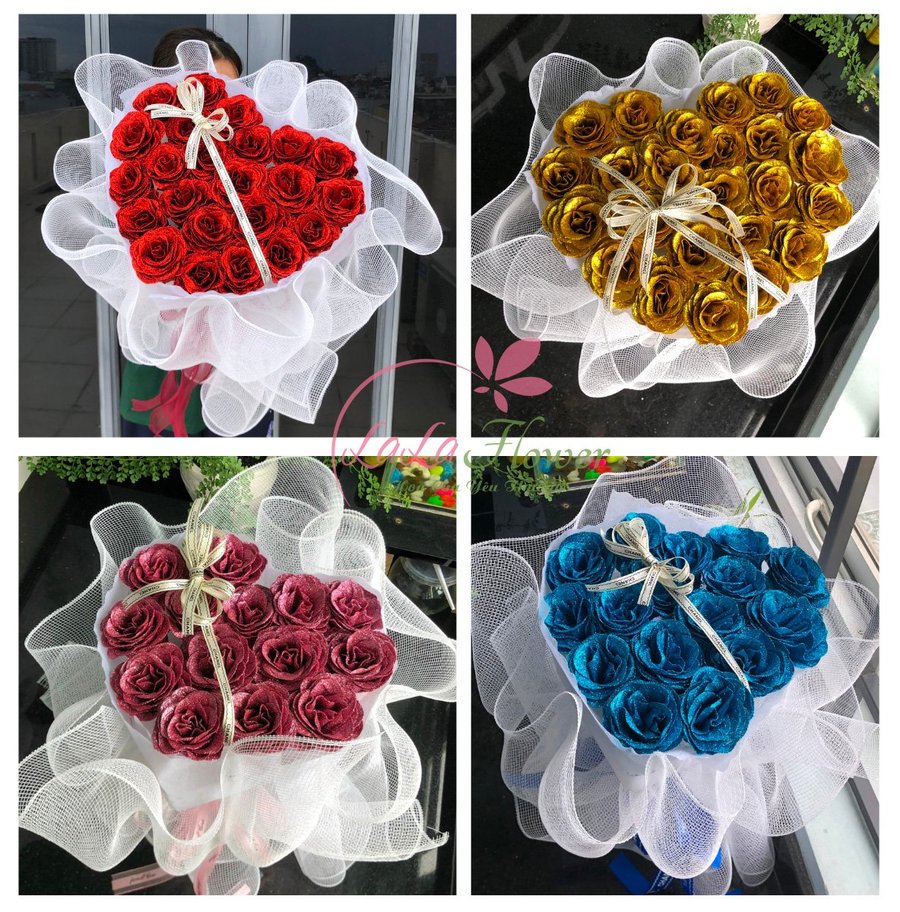 Bó hoa nhũ kim tuyến hình trái tim quà tặng kỷ niệm cho nữ