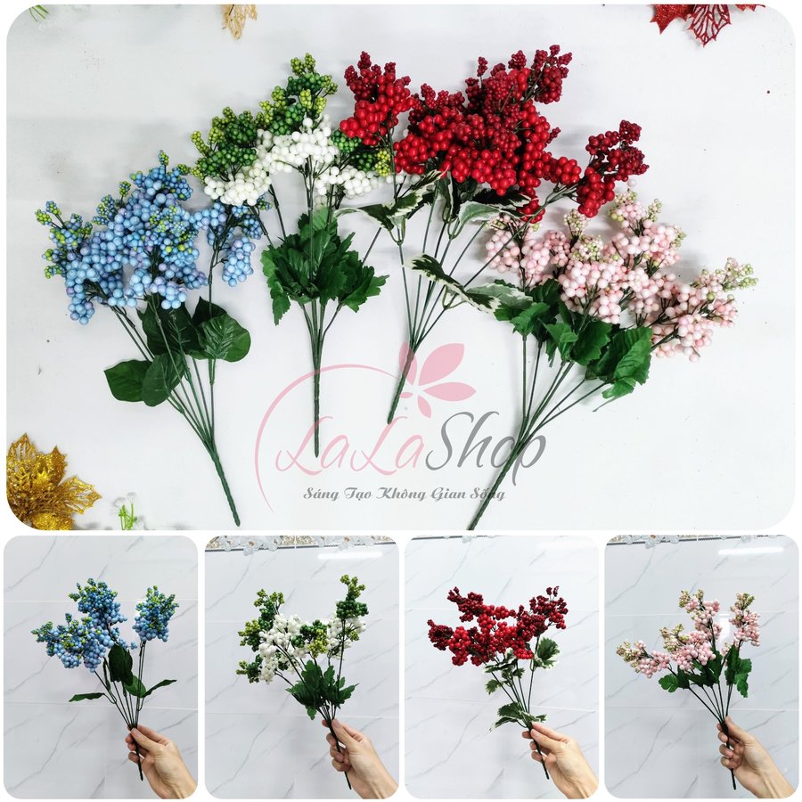 Cành cherry mini nhiều màu phụ kiện trang trí cây thông