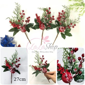 Cành cherry tuyết có lá 1 quả lớn phụ kiện trang trí cây thông
