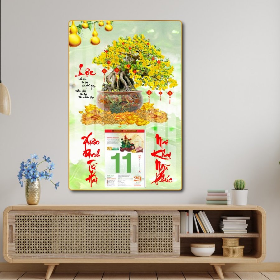 Lịch tết tranh tráng gương treo tường chậu mai vàng tài lộc sung túc