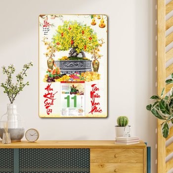 Lịch tết tranh tráng gương treo tường chậu mai vàng nở rộ mừng xuân