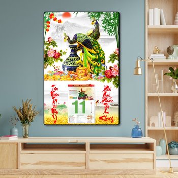 Lịch tết tranh tráng gương treo tường chim công