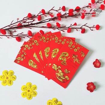 Combo 6 Bao Lì Xì In Nổi 3D Màu Đỏ Cành Mai Xuân Phúc Lộc