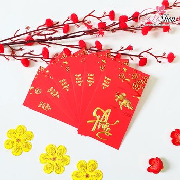 Combo 6 Bao Lì Xì In Nổi 3D Màu Đỏ Chữ Phúc Hoa Mai Cá Vàng Vạn Sự Như Ý