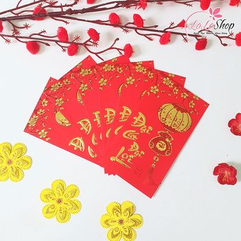 Combo 6 Bao Lì Xì In Nổi 3D Màu Đỏ Hoa Mai Lồng Đèn Đại Cát Đại Lợi