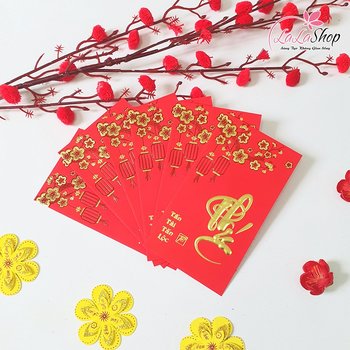 Combo 6 Bao Lì Xì In Nổi 3D Màu Đỏ Hoa Mai Lồng Đèn Tấn Tài Tấn Lộc