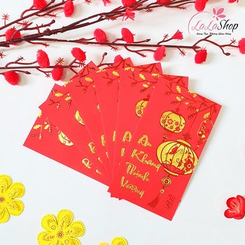 Combo 6 Bao Lì Xì In Nổi 3D Màu Đỏ Lồng Đèn An Khang Thịnh Vượng
