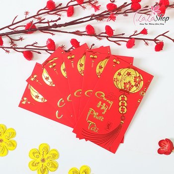 Combo 6 Bao Lì Xì In Nổi 3D Màu Đỏ Lồng Đèn Cung Hỷ Phát Tài