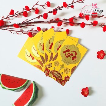 Combo 6 Bao Lì Xì In Nổi 3D Màu Vàng Lồng Đèn Xuân Cung Chúc Tân Xuân
