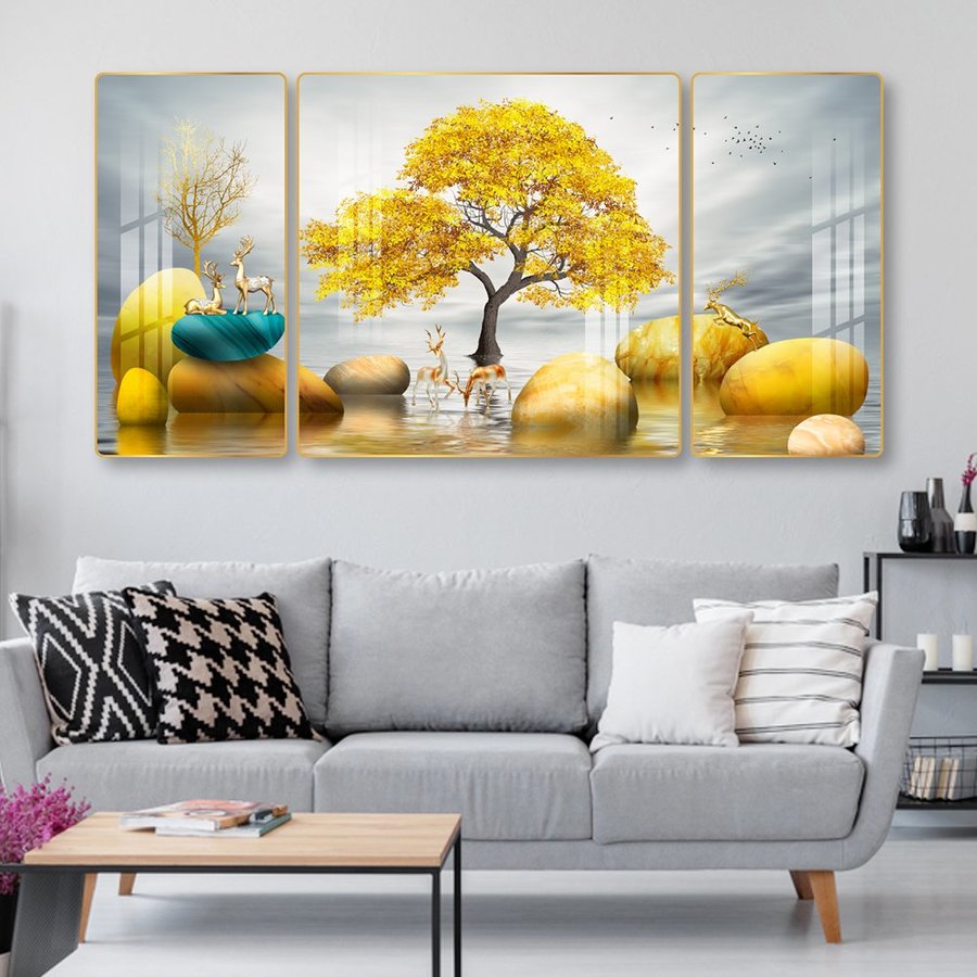 Bộ 3 tranh treo tường hươu vàng bên dòng suối mẫu 2