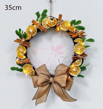 Vòng nguyệt quế 35cm trang trí noel treo cửa phong cách châu âu có kèm đèn led