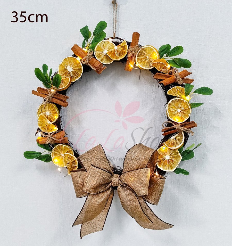 Vòng nguyệt quế 35cm trang trí noel treo cửa phong cách châu âu có kèm đèn led