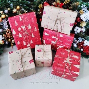 Set 6 Hộp Quà Họa Tiết Cây Thông Trang Trí Giáng Sinh